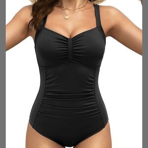 ♥️Tempt Me Women Black Ruched Slimming One Piece Swimsuit Tummy Control 18W #120